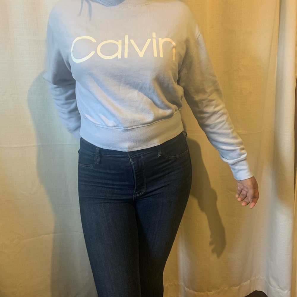 Baby blue CALVIN KLEIN cropped crew neck sweater